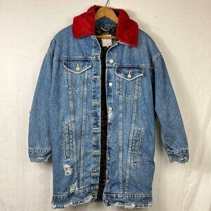Zara TRF Denim Wear Distressed Long‎ Jacket Womens Small S Slouchy Punk Faux Fur